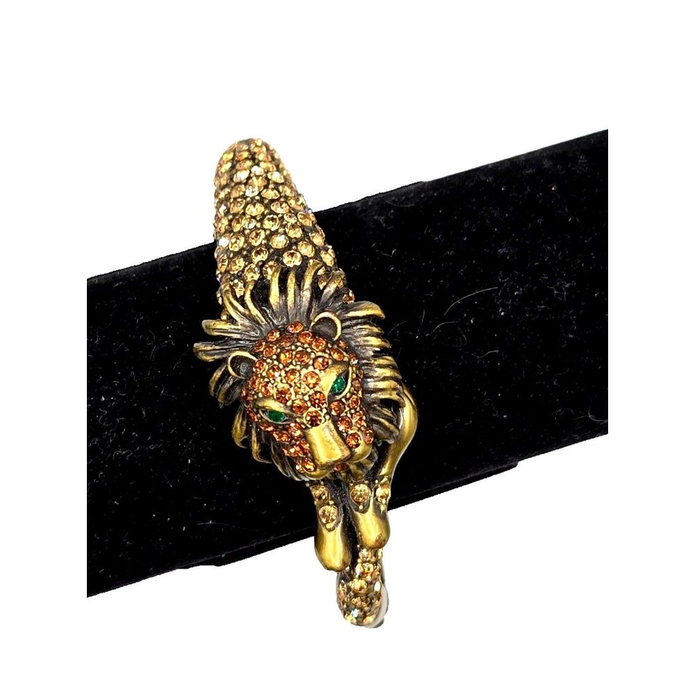 Vintage Lion Hinged Cuff Bracelet with Many Rhinestones and Emerald Green Eyes